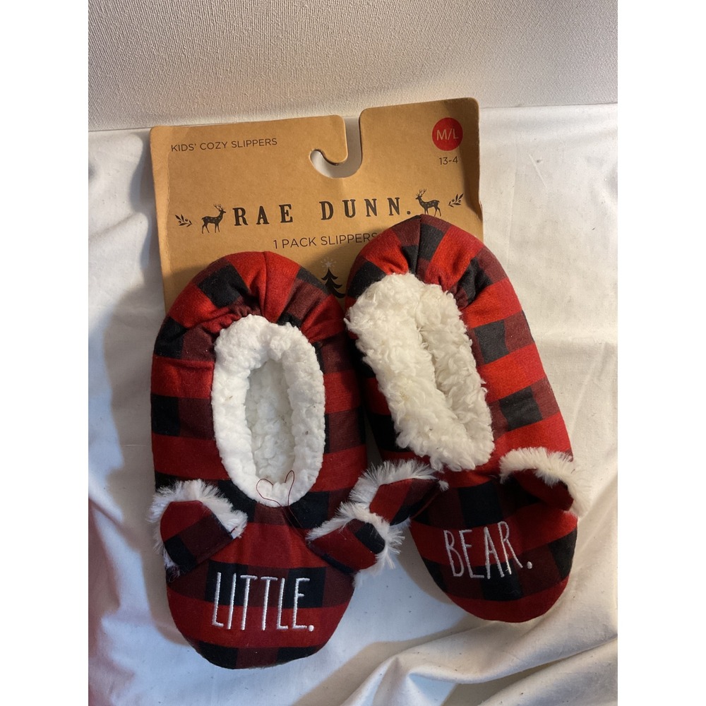 Rae‎ Dunn Kids Cozy Slippers Little Bear Red Buffalo Plaid Size M/L (13-4)